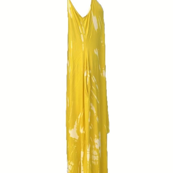 LAST ONE Passion Sunflower Loose Graffiti Tie -Dye V Neck Side Pocket Maxi Dress - Picture 5 of 10